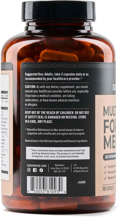 NatureWise Multivitamin for Men - Daily Male Support with Minerals & Herbs for Energy, Performance, Immunity - Soya & Gluten-free, Non-GM - 180 Capsules (3-Month Supply)