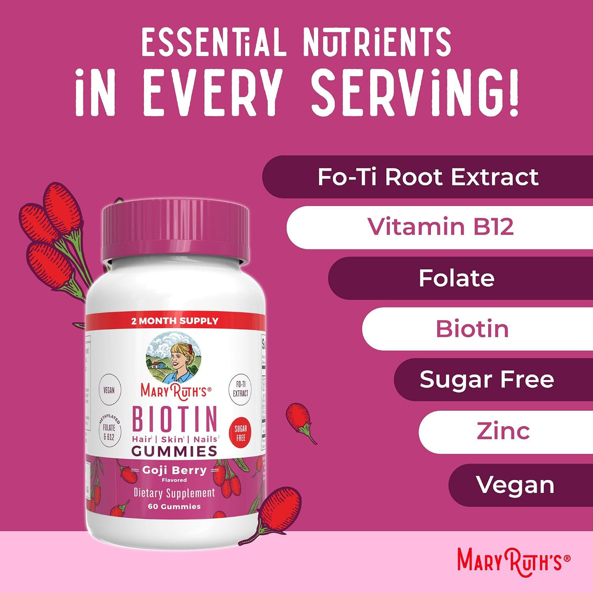 MARYRUTH'S Organics Biotin Gummies – Sugar Free, Vegan, 2500mcg for Hair, Skin & Nails – 60 Count - görsel 7