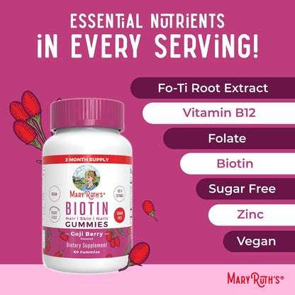 MARYRUTH'S Organics Biotin Gummies – Sugar Free, Vegan, 2500mcg for Hair, Skin & Nails – 60 Count