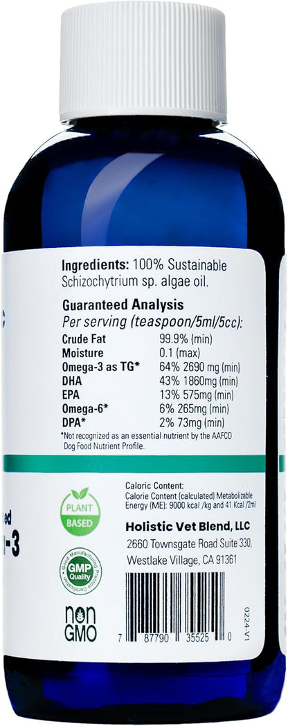 Holistic Vet Blend Green Omega-3 Oil for Pet Owners, Pure Marine Algae Supports Skin, Coat, Joint Health, Immune System, Heart, Kidney Function
