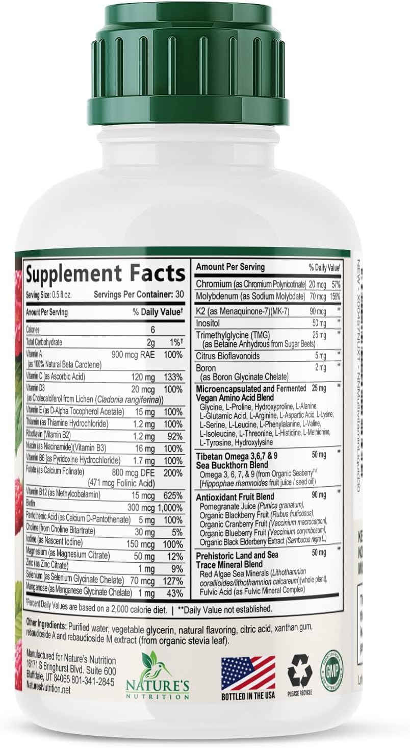 Liquid Multivitamin - Sugar Free Daily Multi Vitamin for Women, Men & Kids, Vitamins A, C, D, B12, Biotin & Zinc - Supports Normal Hair & Skin, Vegan, Non-GMO, Berry Flavour, 450 ml - görsel 9