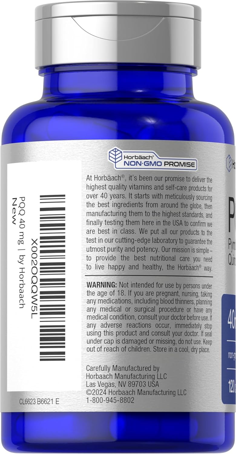 Horbäach PQQ Supplement 40 mg | 120 Capsules | Maximum Strength | Non-GMO & Gluten-free | Pyrroloquinoline Quinone Disodium Salt - görsel 3