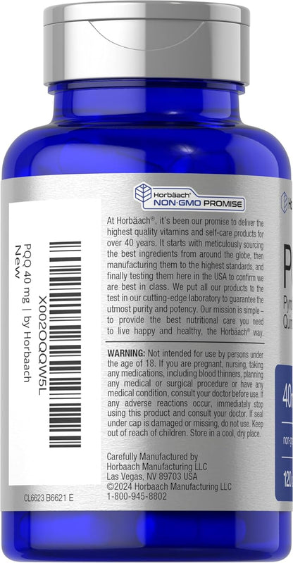 Horbäach PQQ Supplement 40 mg | 120 Capsules | Maximum Strength | Non-GMO & Gluten-free | Pyrroloquinoline Quinone Disodium Salt