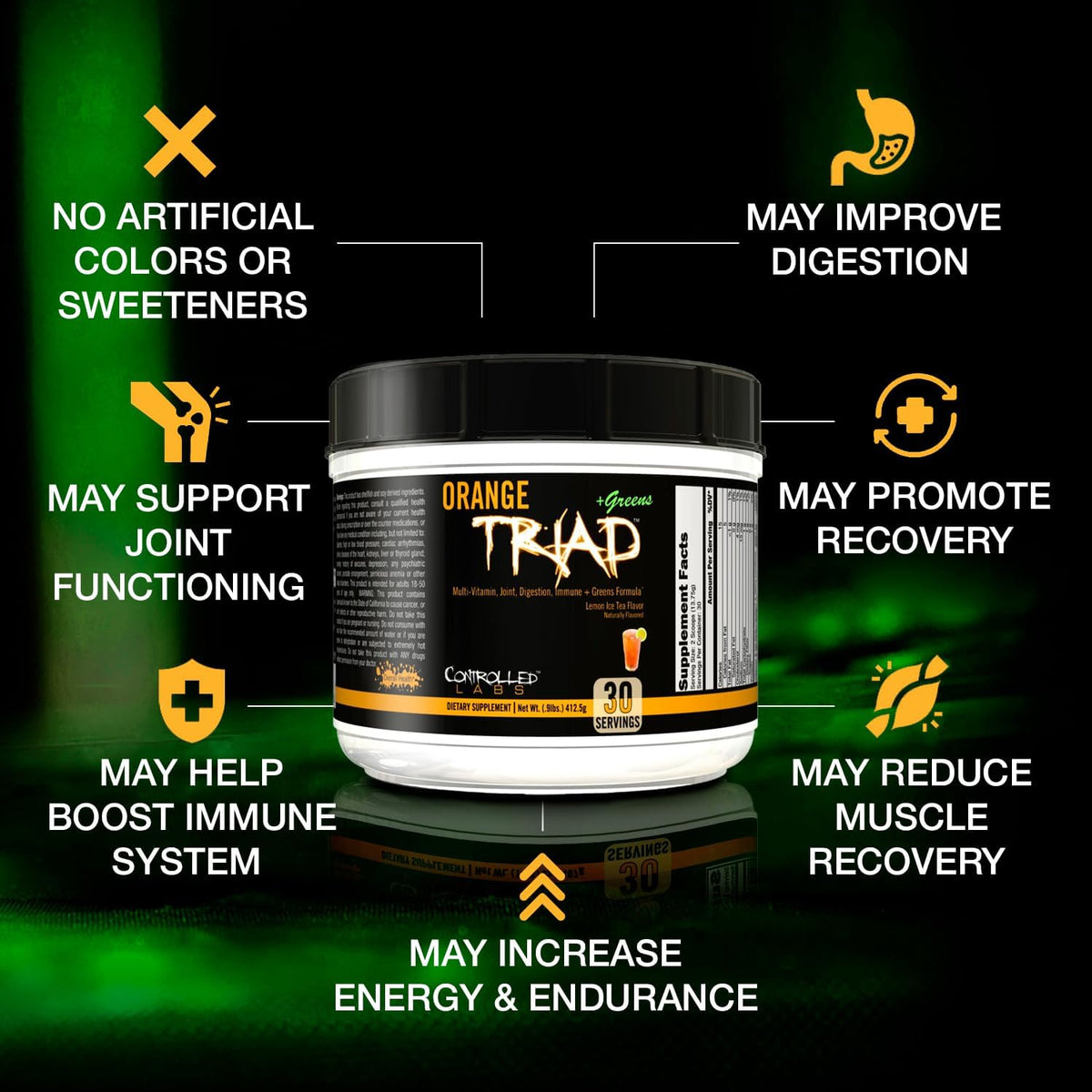 CONTROLLED LABS Orange Triad Plus Greens for Men and Women, 30 Servings Iron Free Sports Supplement for Overall Health, Multivitamin, Digestion, Immune System, and Joint Health - görsel 2
