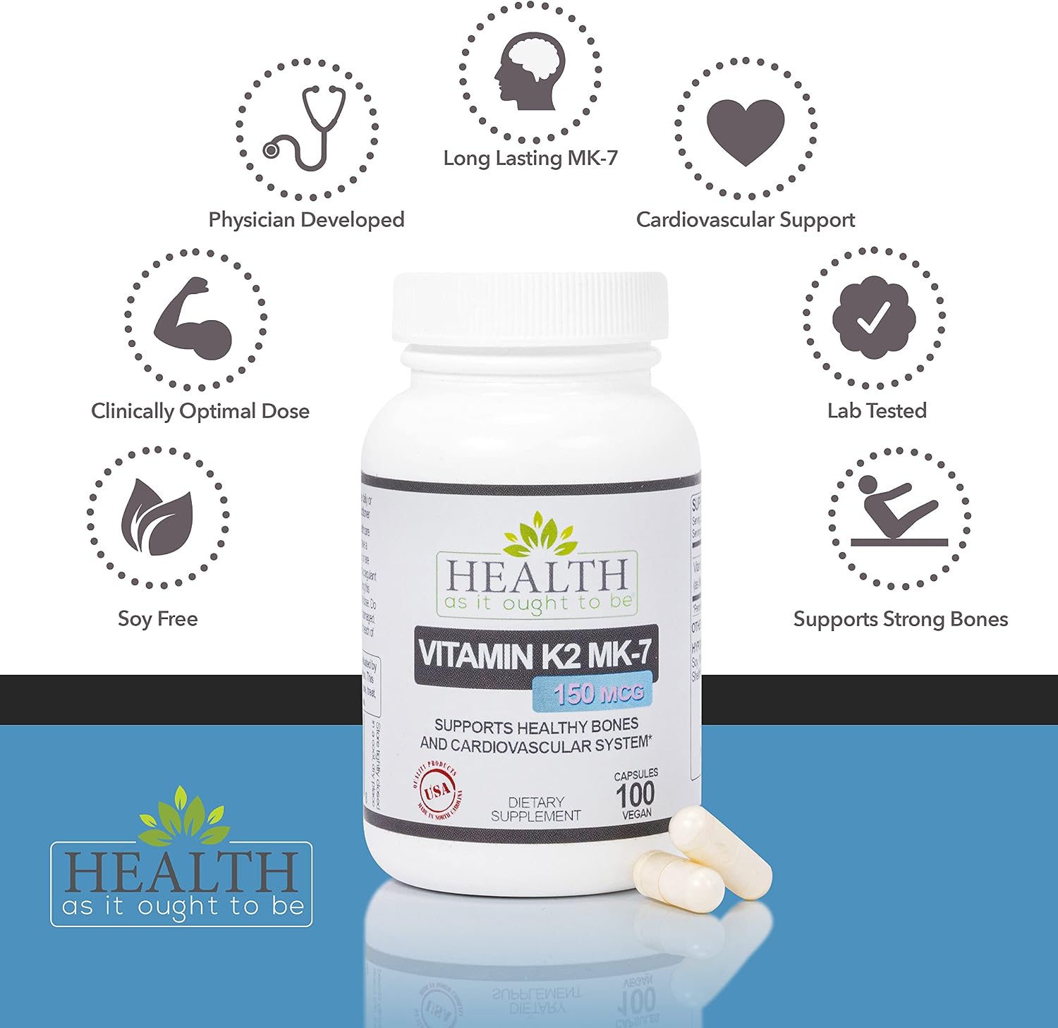 Health As It Ought To Be Vitamin K2 MK-7 150 mcg Supplement – Soya-Free, 100 Capsules - görsel 3