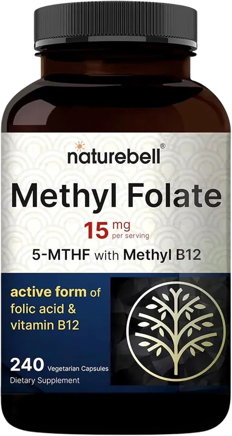 NatureBell Methyl Folate 15mg with Methyl B12 - 240 Capsules - L-Methylfolate & Vitamin B12 for Energy & Mood Support - görsel 1