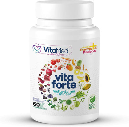 Vita Forte Vegan Multivitamin with Probiotics, Digestive Enzymes & 42 Fruits & Vegetables – Halal Certified, Non-GMO, Gluten-Free, 60 Vegan Tablets