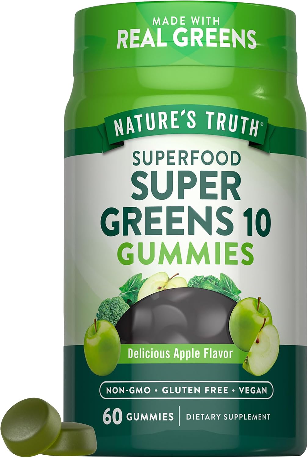Nature's Truth Super Greens Gummies | 60 Count | Vegan & Non-GMO Supplement | Made with Real Greens | Apple Flavour - görsel 1