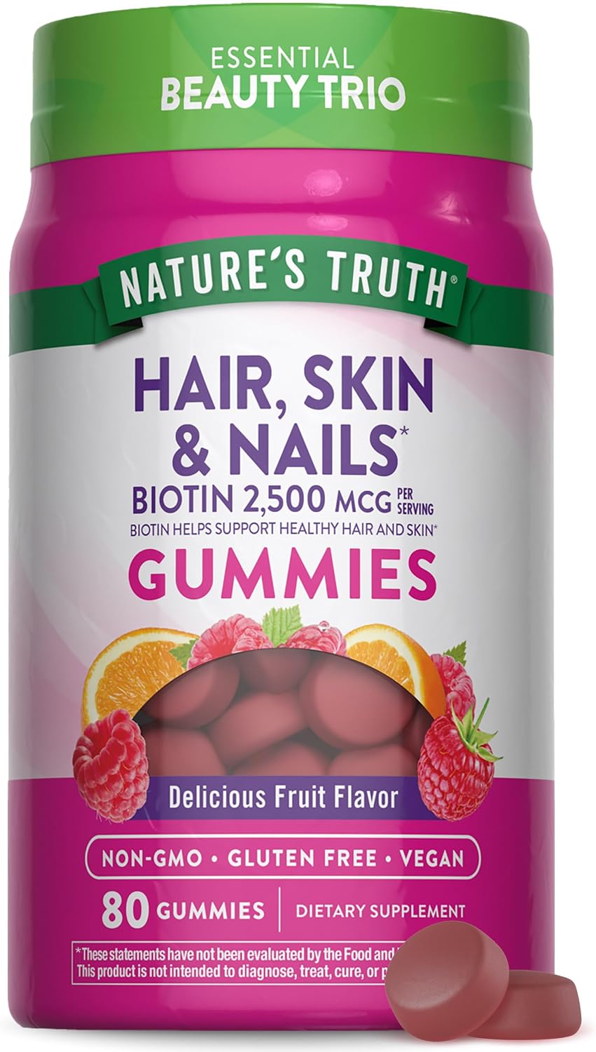 Nature's Truth Hair Skin and Nails Gummies – 80 Gummies – 2500mcg Biotin – Vegan, Non-GMO, Gluten-free - görsel 1
