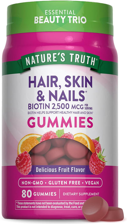 Nature's Truth Hair Skin and Nails Gummies – 80 Gummies – 2500mcg Biotin – Vegan, Non-GMO, Gluten-free