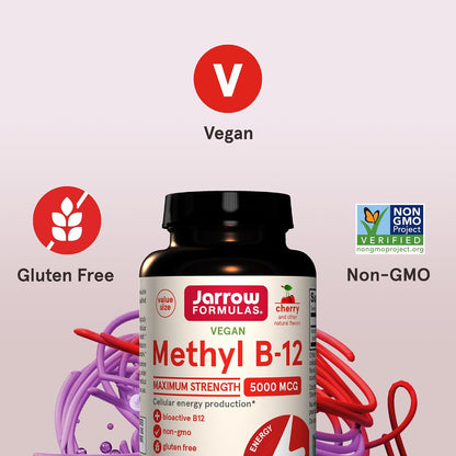 Jarrow Formulae Vitamin B12 5000 mcg – Maximum Strength for Energy & Nervous System Support, 90 Cherry Chewable Tablets