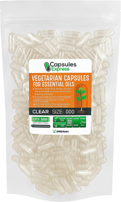 XPRS Nutra Size 4 Empty Vegan Capsules - 1000 Count Clear Veggie Capsules for Essential Oils - Empty Vegetable Caps - DIY Oil Filling