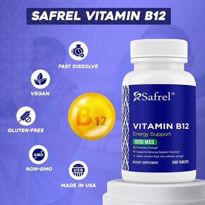 Safrel Vitamin B12 1000 mcg Tablets – 200 Tablets – Vegan, Gluten-Free, Dye-Free