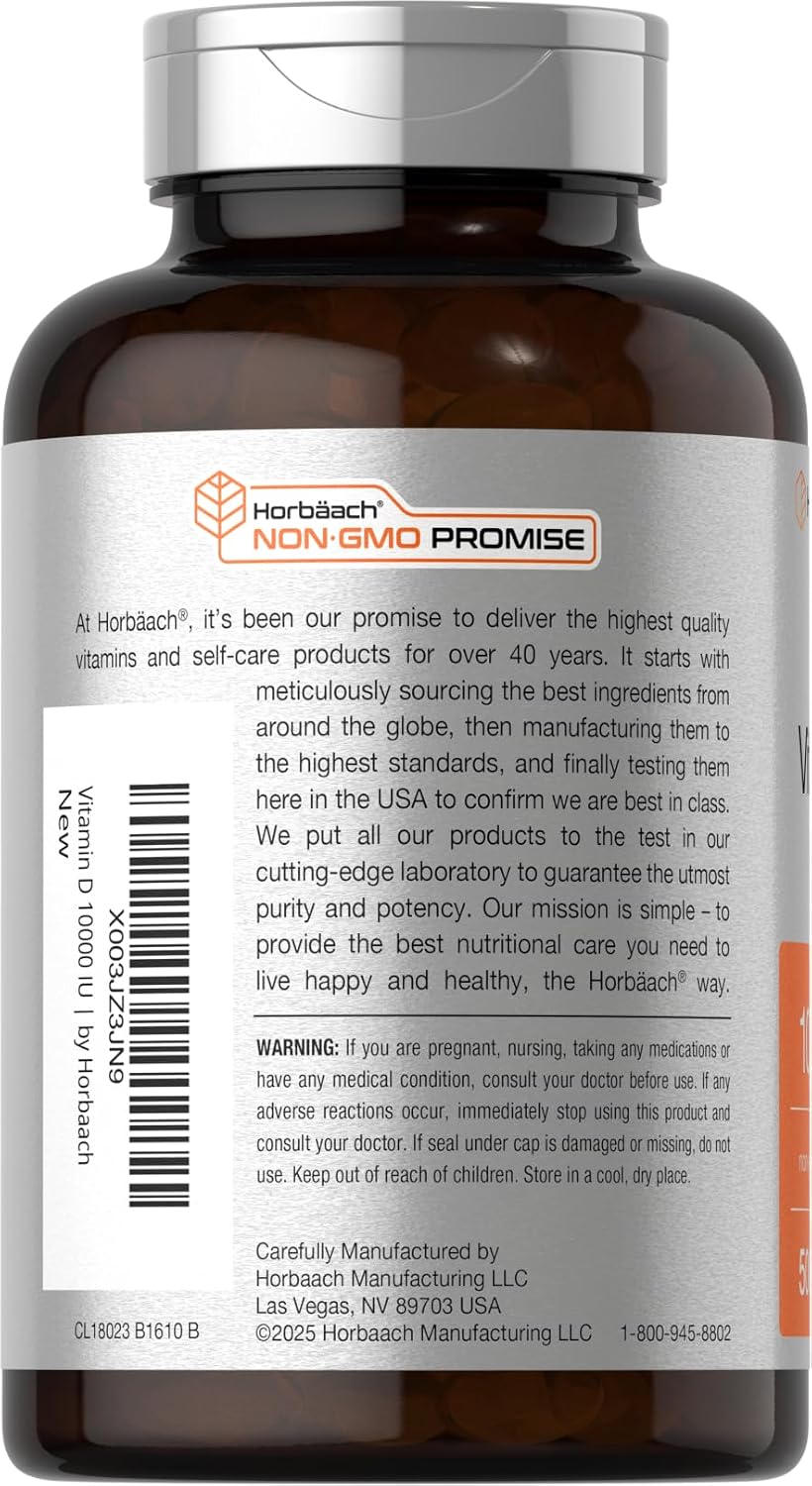 Horbäach Vitamin D3 10,000 IU (250 mcg) – 500 Softgels, Non-GMO, Gluten-free High Potency Supplement - görsel 3