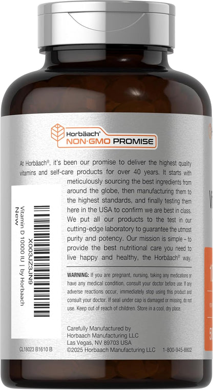 Horbäach Vitamin D3 10,000 IU (250 mcg) – 500 Softgels, Non-GMO, Gluten-free High Potency Supplement