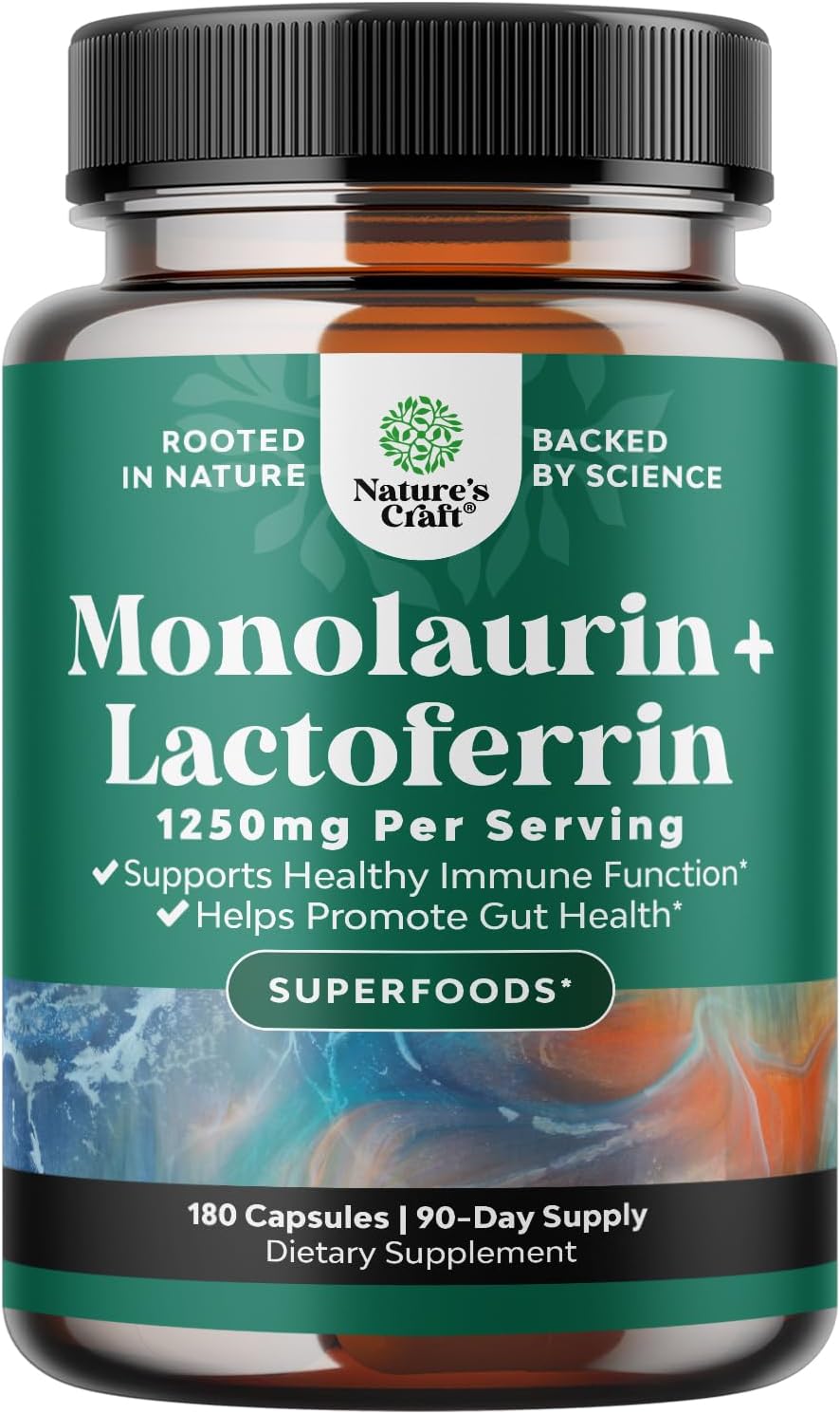 High Strength Lactoferrin & Monolaurin Supplement - 250mg Lactoferrin, 1000mg Monolaurin - 180 Vegetarian Capsules - görsel 1