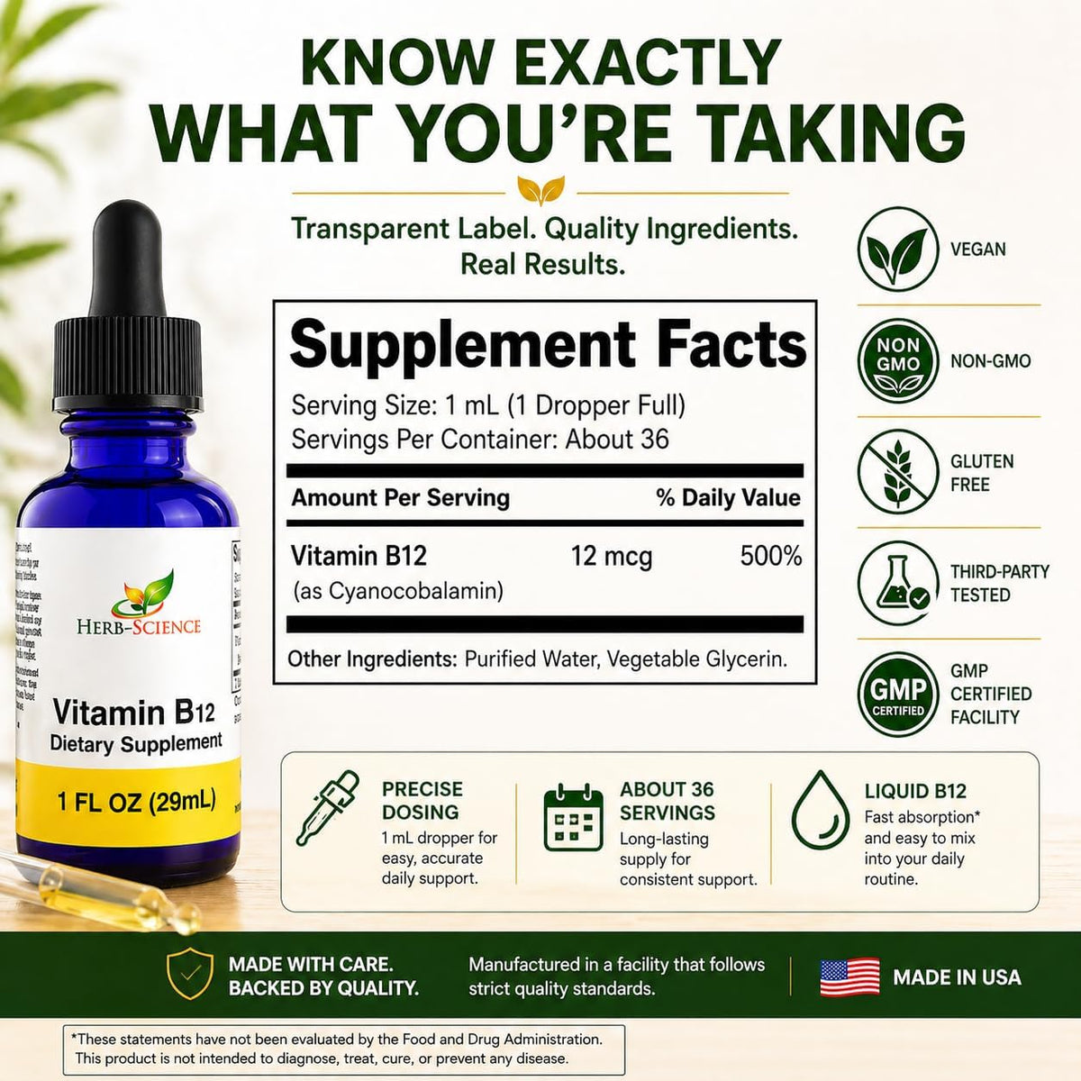 Herb-Science Liquid Vitamin B12 – Cold-Pressed Cyanocobalamin Sublingual Drops, Vegan, Alcohol-Free, 1 fl oz - görsel 8