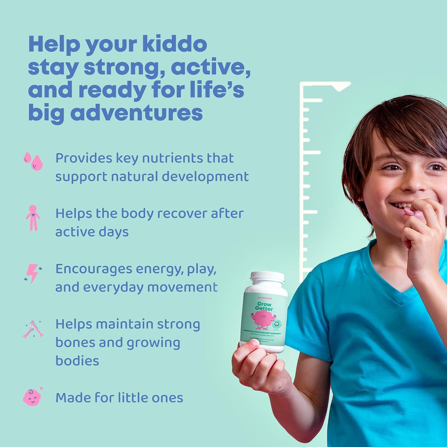 JoySpring Growth Vitamins for Teens & Height Support for Kids - Encourages Stronger Bones & Healthy Natural Growth - Sugar Free - L-Arginine, L-Lysine, Zinc, Vitamin D & K2-30 Servings - görsel 2