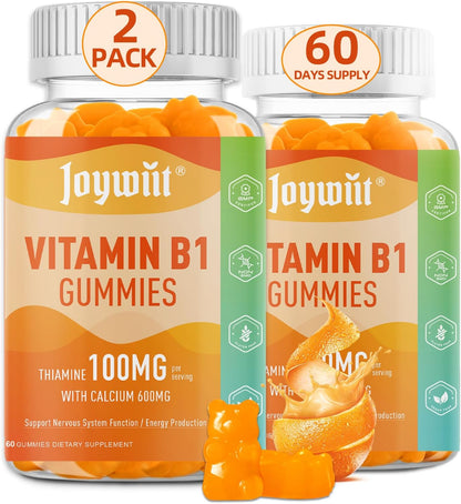 Joywiit Vitamin B1 Gummies 100mg with Calcium – Thiamine Supplement for Energy & Nervous System Support – Orange Flavour – Non-GMO, Vegan, 120 Gummies