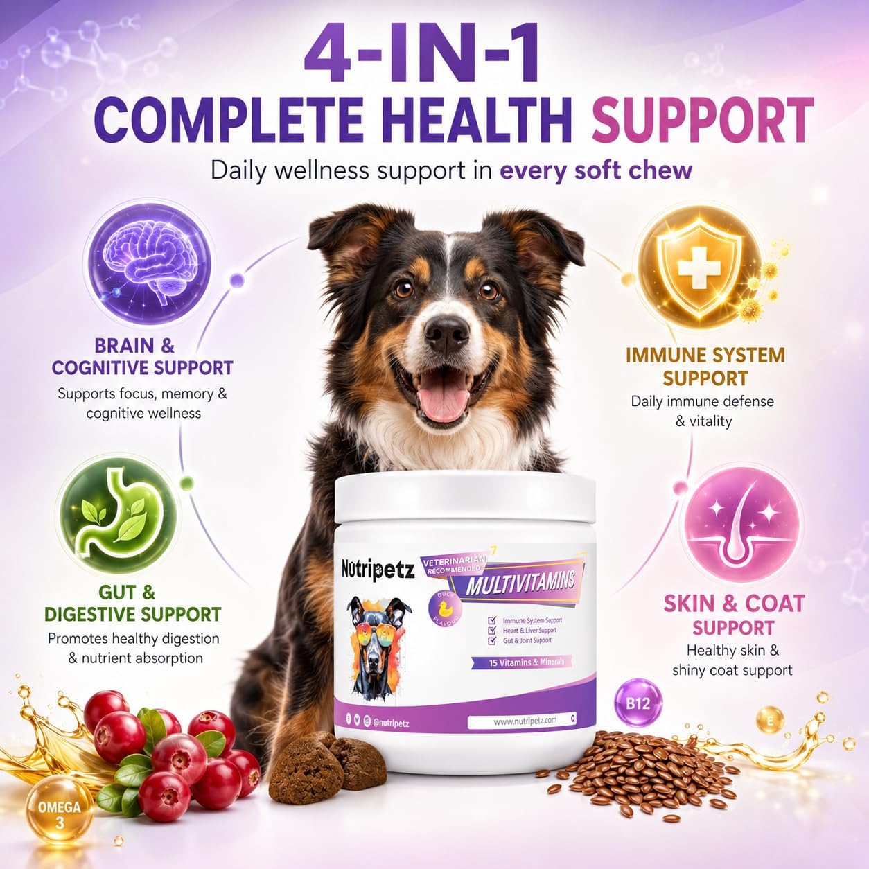Nutripetz 15 Vitamins & Minerals Pet Supplement - 120 Soft Chews, Duck Flavour - All-in-One with Glucosamine & Probiotics for Dogs & Cats - görsel 2