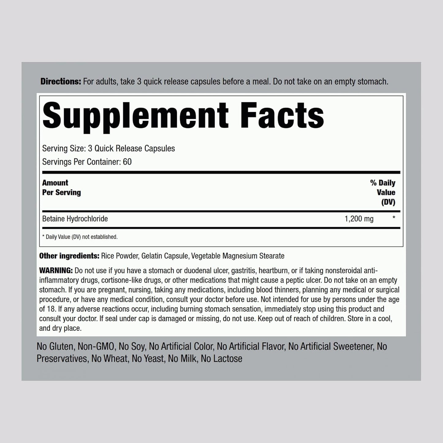 Piping Rock Betaine HCl Capsules, 1200 mg, 180 Quick-Release Capsules - görsel 2