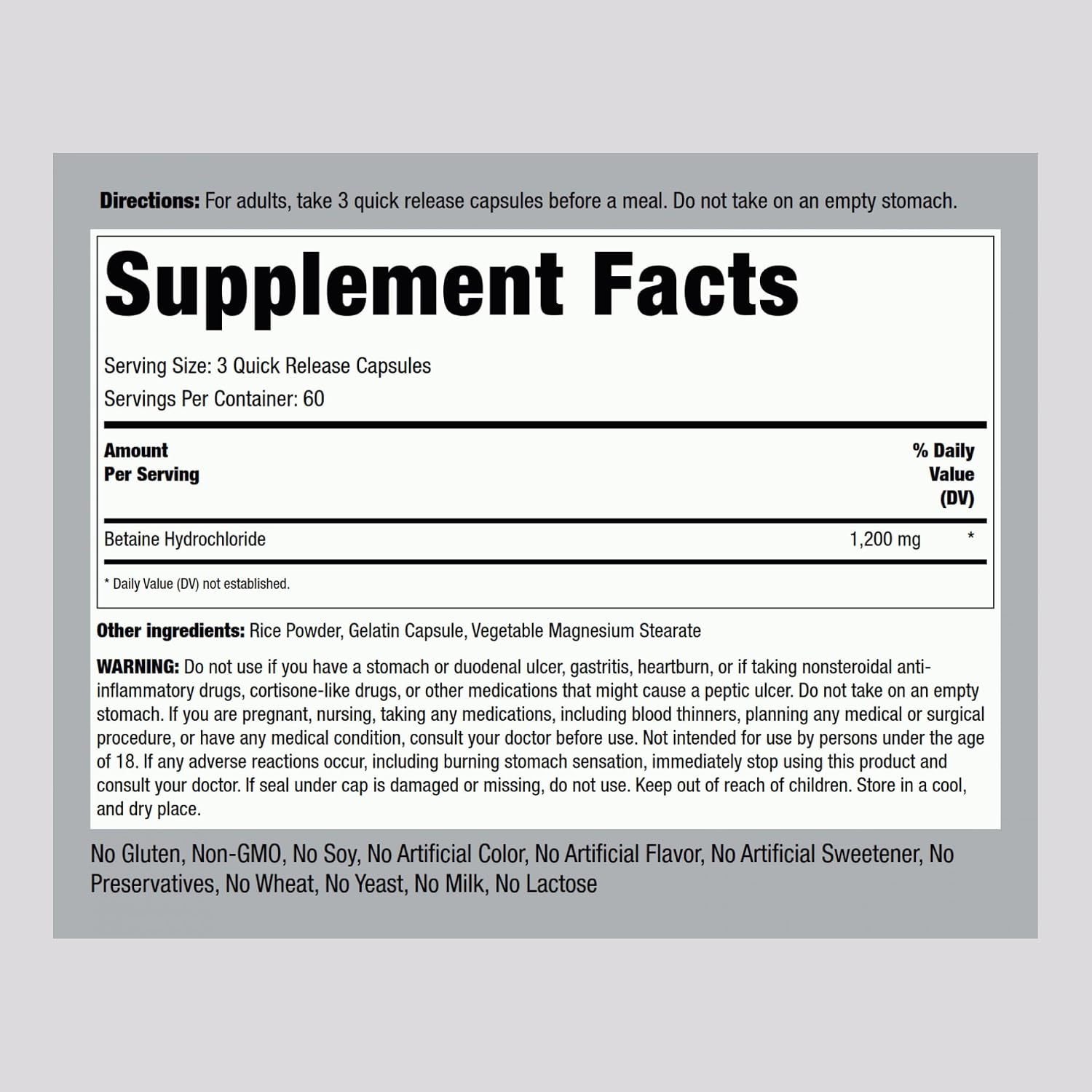 Piping Rock Betaine HCl Capsules, 1200 mg, 180 Quick-Release Capsules - görsel 2