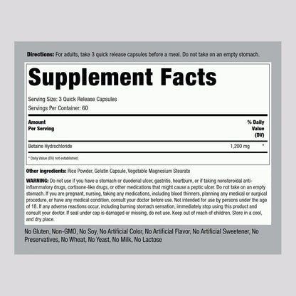 Piping Rock Betaine HCl Capsules, 1200 mg, 180 Quick-Release Capsules