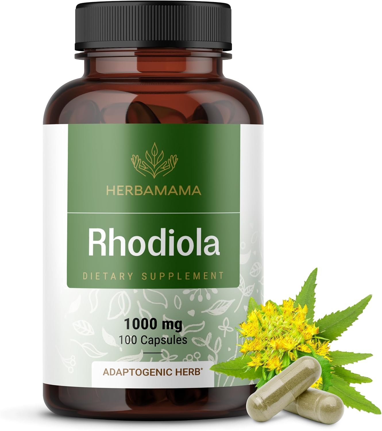 HERBAMAMA Rhodiola Rosea Supplement – Rhodiola Rosea Capsules for Stress Relief & Mental Focus Support – 100 Vegan Capsules (50 Servings) - görsel 1
