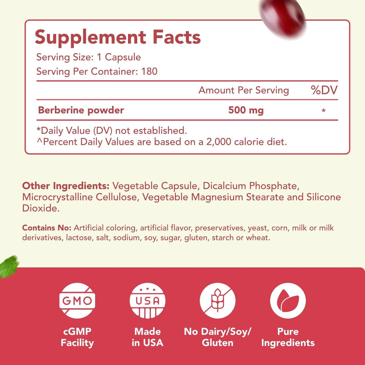 High Strength Berberine 500mg with Quercetin - Once Daily Antioxidant Supplement - Vegan, Made in USA (180 Capsules) - görsel 2