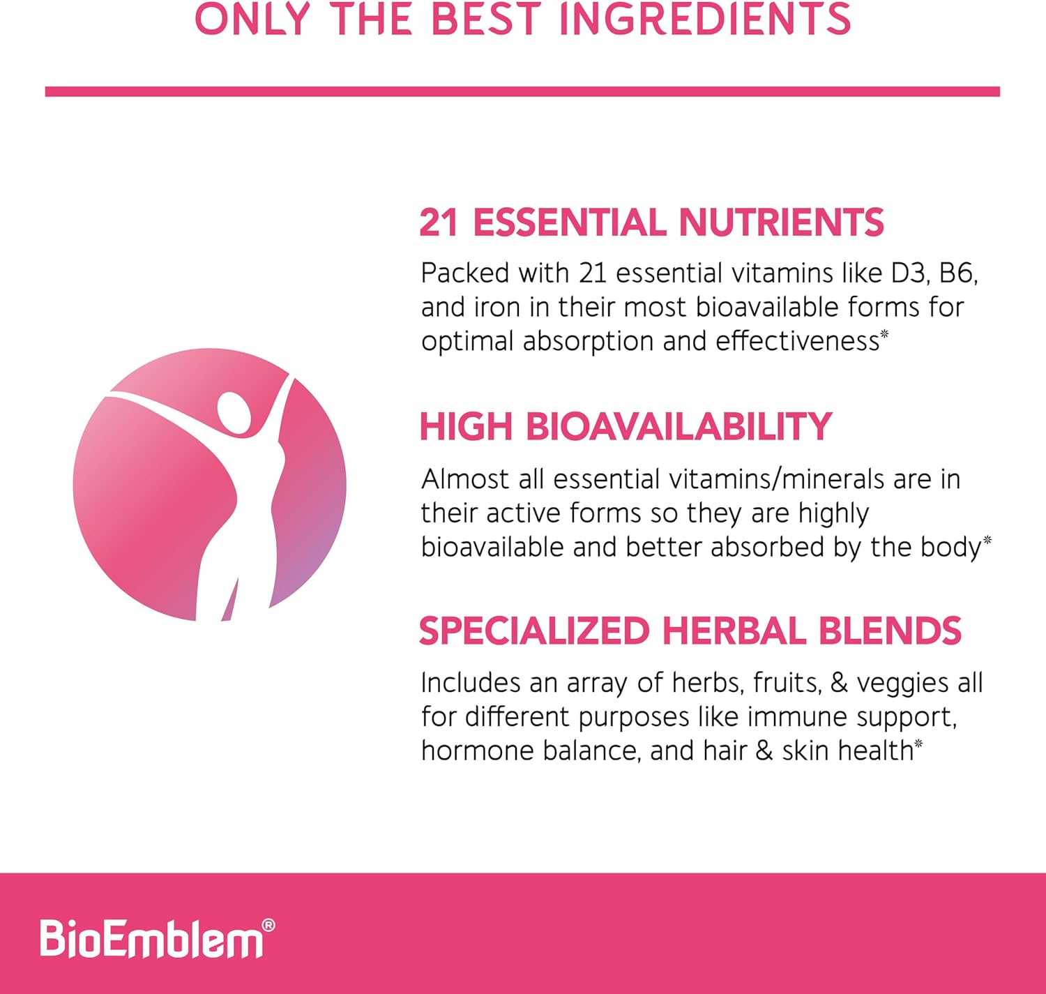 BioEmblem Women's Multivitamin - Complete Daily Multi for Immunity, Energy, Hair and Skin with Vitamin A, B12, B6, D3, Biotin, Iron, Magnesium, Collagen and Veggie Blends - Gluten-free - 90 Capsules - görsel 2
