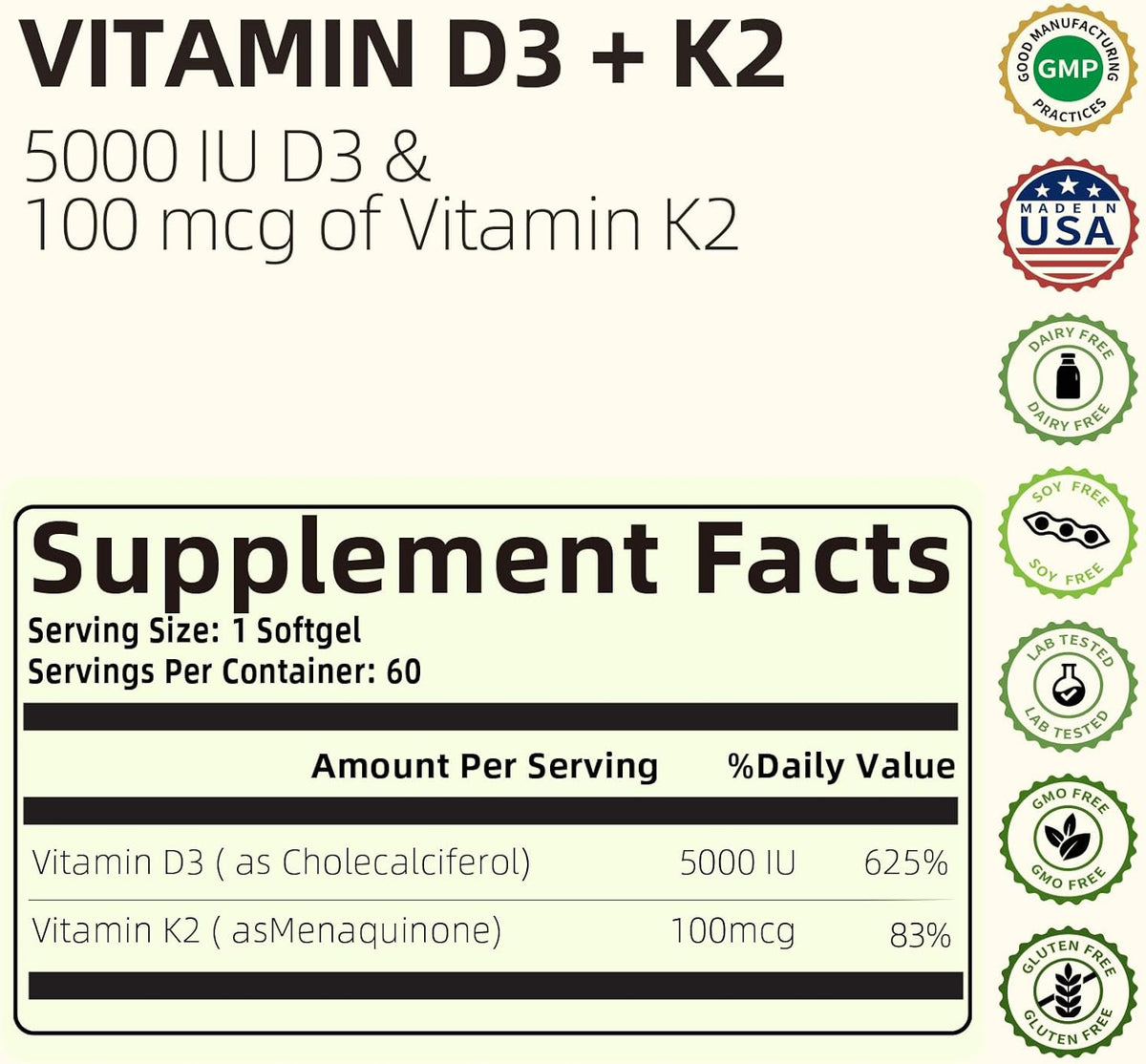HappieVita Vitamin D3 & K2, 5000 IU (125 µg) + 100 µg, 60 Soft gel capsules - görsel 2