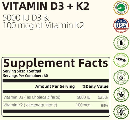 HappieVita Vitamin D3 & K2, 5000 IU (125 µg) + 100 µg, 60 Soft gel capsules