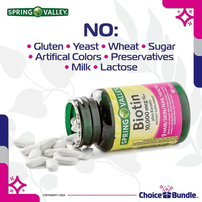 Spring Valley Biotin Soft gel capsules 1000mcg - 4 Bottles (600 Soft gel capsules) with Vitamin Guide and Pill Container