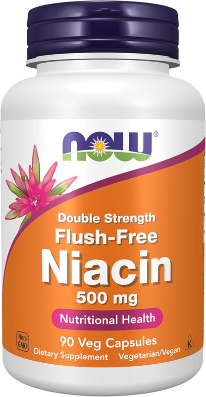 NOW Foods Niacin (Vitamin B-3) 500 mg, Flush-Free, Double Strength, 180 Veg Capsules