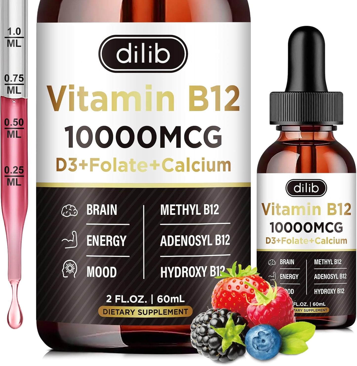 dilib Vitamin B12 Liquid Drops 10000 mcg - Triple B12 Complex - Strawberry - görsel 10