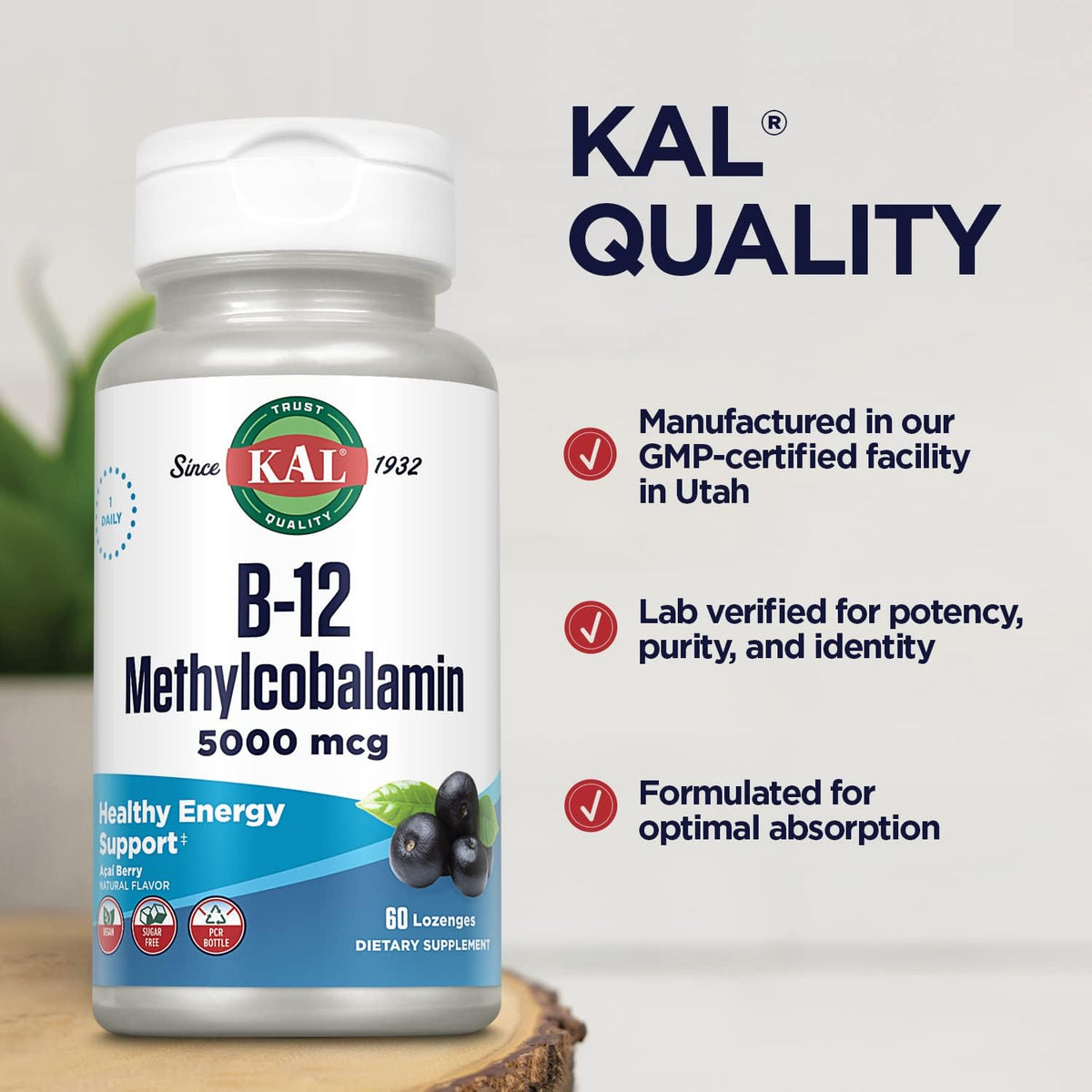 KAL Vitamin B-12 Methylcobalamin Lozenges, 5000 mcg, Natural Acai Flavour, 60 Lozenges - görsel 5