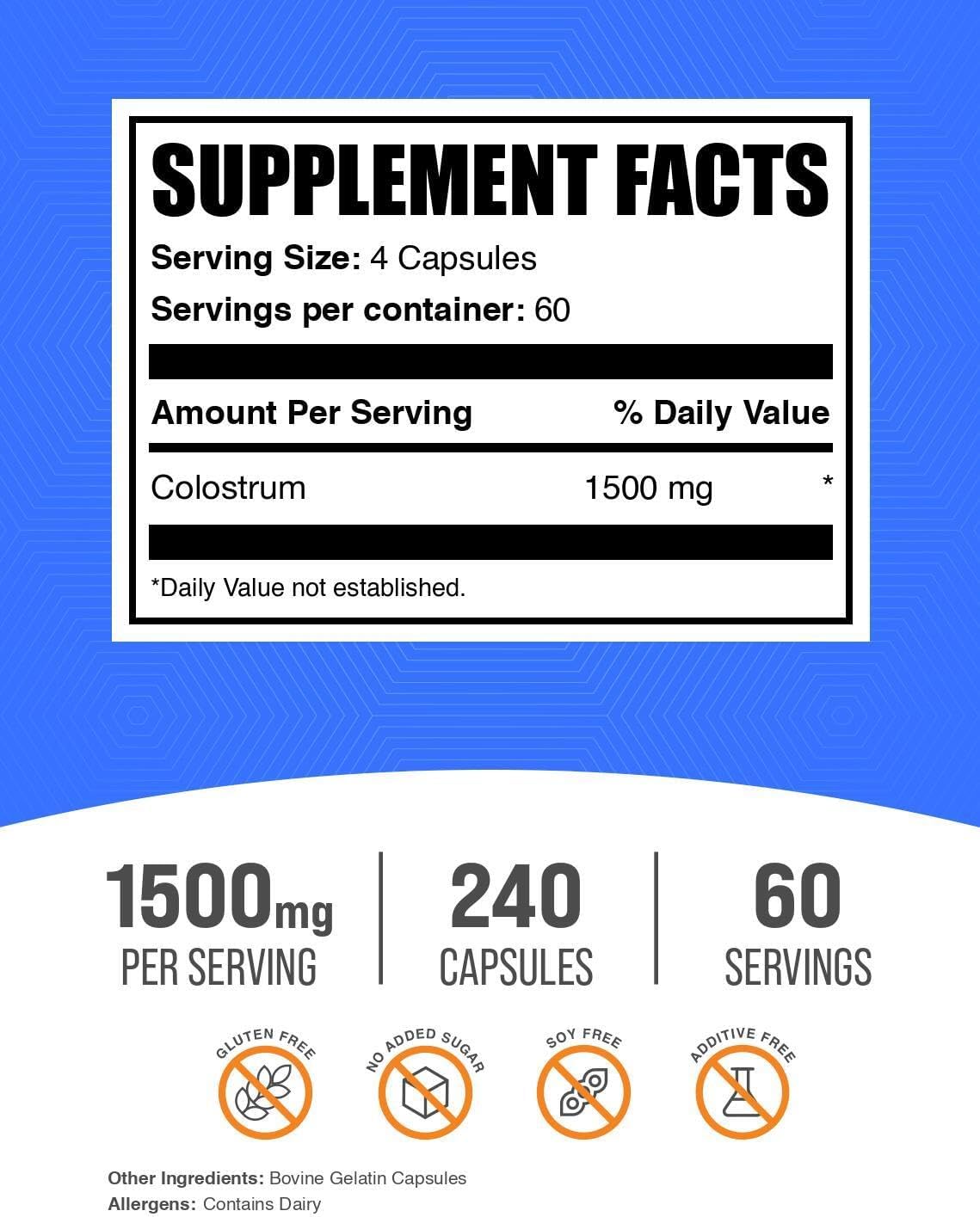 BulkSupplements Colostrum Capsules - Bovine Colostrum Supplement, Gluten-free, 240 Capsules - görsel 2