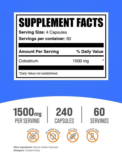 BulkSupplements Colostrum Capsules - Bovine Colostrum Supplement, Gluten-free, 240 Capsules