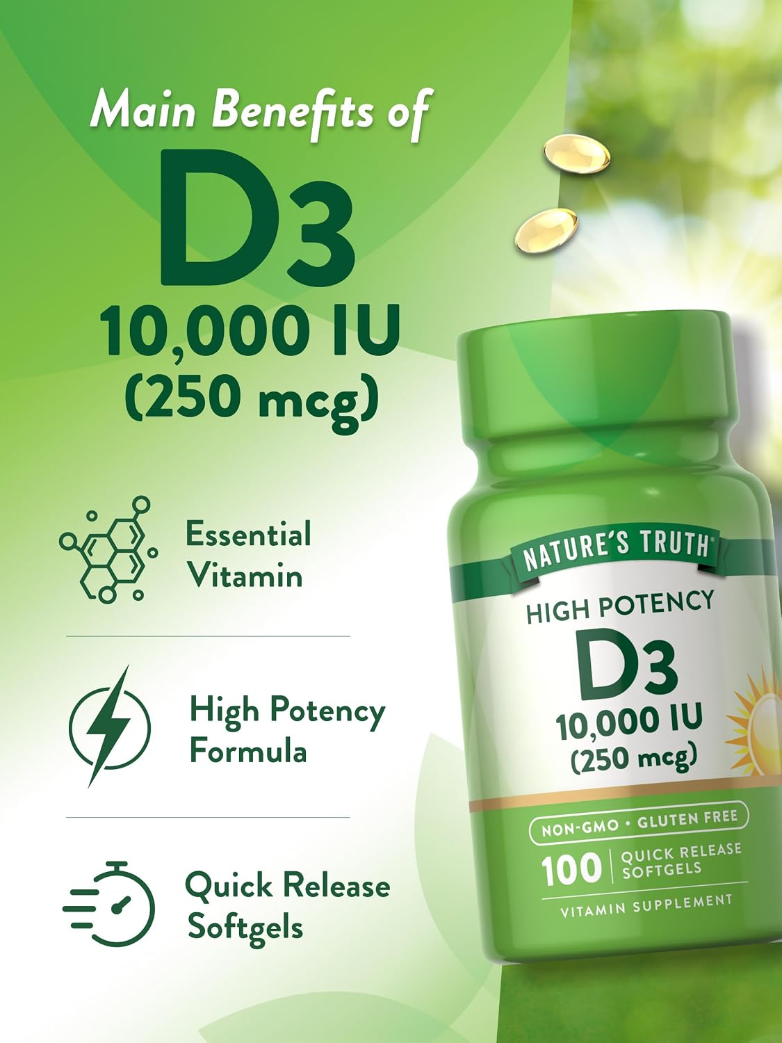 Nature's Truth Vitamin D3 10,000 IU Softgels – 100 Capsules – High Strength, Non-GMO, Gluten-free - görsel 5