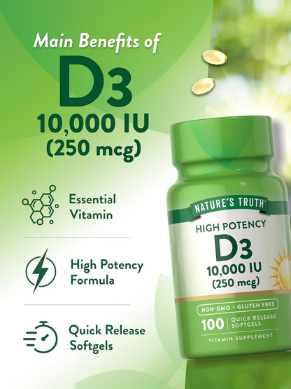 Nature's Truth Vitamin D3 10,000 IU Softgels – 100 Capsules – High Strength, Non-GMO, Gluten-free