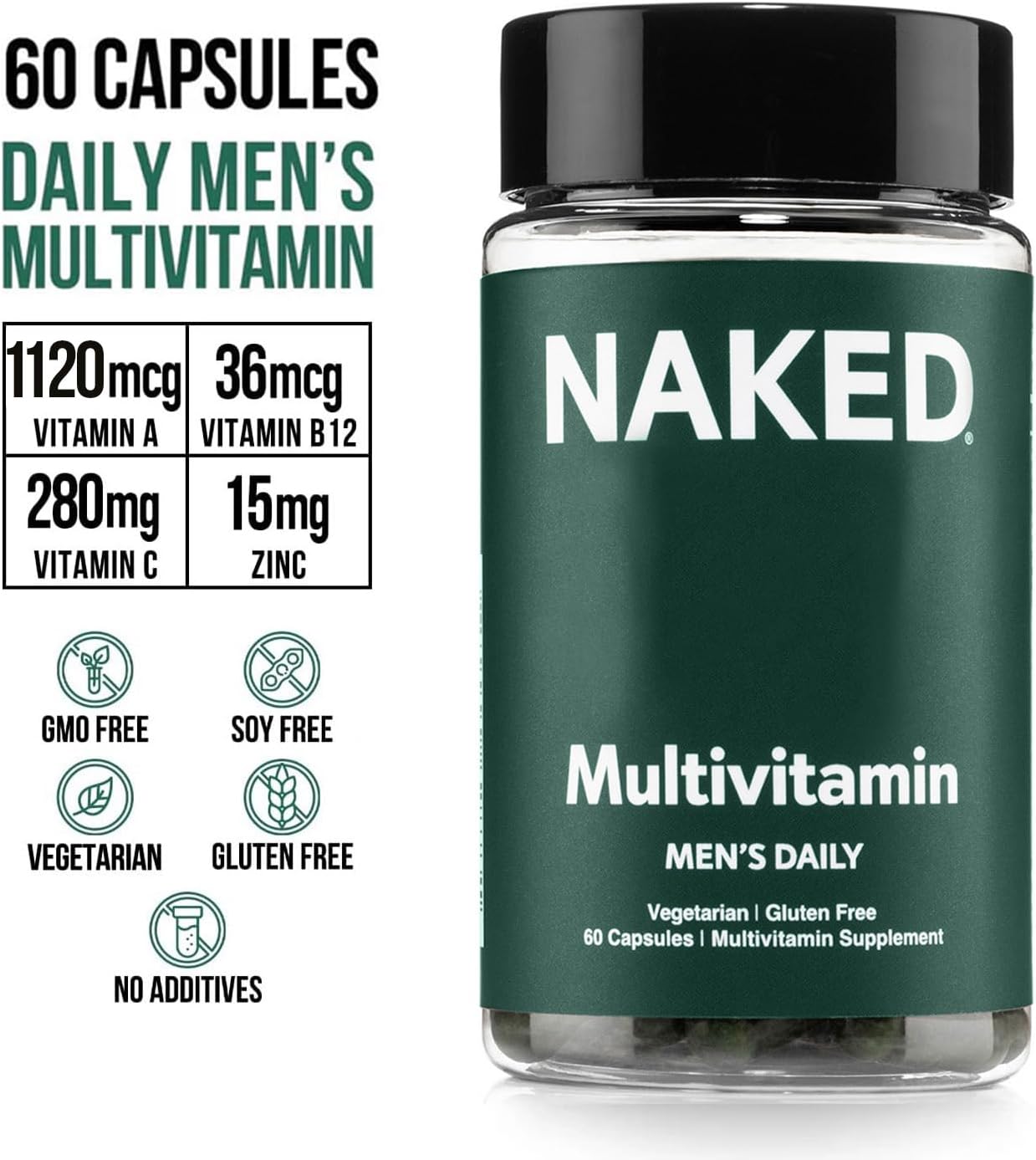 NAKED Men's Multivitamin – Daily Multivitamin for Men with Vitamins A, C, E, Selenium & Zinc – Gluten-free & Vegetarian – 60 Capsules - görsel 2