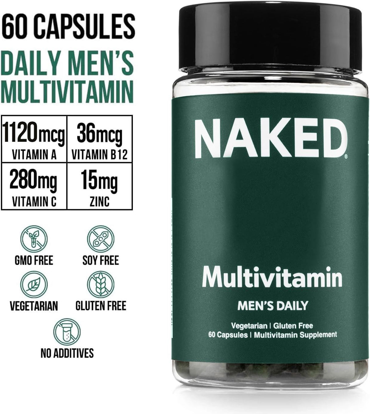 NAKED Men's Multivitamin – Daily Multivitamin for Men with Vitamins A, C, E, Selenium & Zinc – Gluten-free & Vegetarian – 60 Capsules - görsel 2
