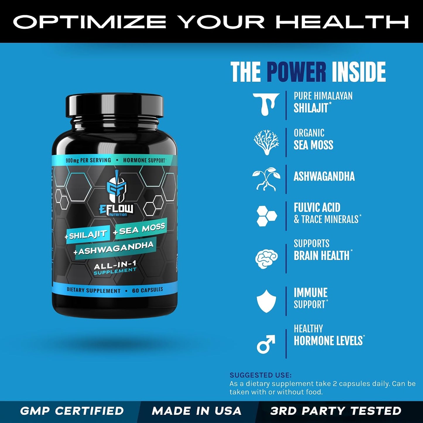 eFlow Nutrition Shilajit Capsules, Ashwagandha, Sea Moss [All-in-1] Trace Minerals, Fulvic Acid, Lab-Tested Pure Himalayan Shilajit for Men and Women | Energy, Vitality & Hormonal Support (60 Capsules) - görsel 3