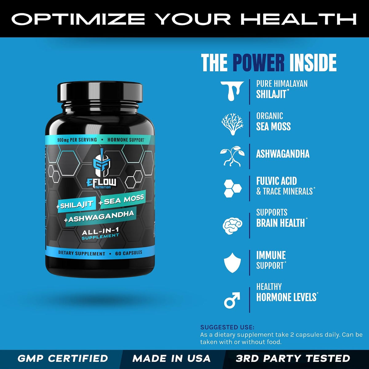 eFlow Nutrition Shilajit Capsules, Ashwagandha, Sea Moss [All-in-1] Trace Minerals, Fulvic Acid, Lab-Tested Pure Himalayan Shilajit for Men and Women | Energy, Vitality & Hormonal Support (60 Capsules) - görsel 3