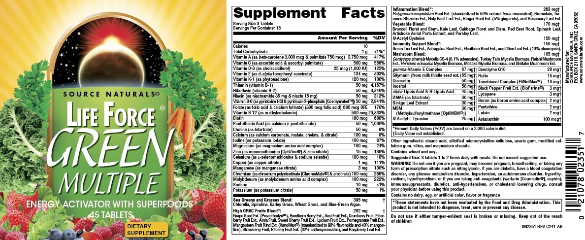 Source Naturals Life Force Green Multiple Multivitamin with Superfoods, 45 Tablets - görsel 4