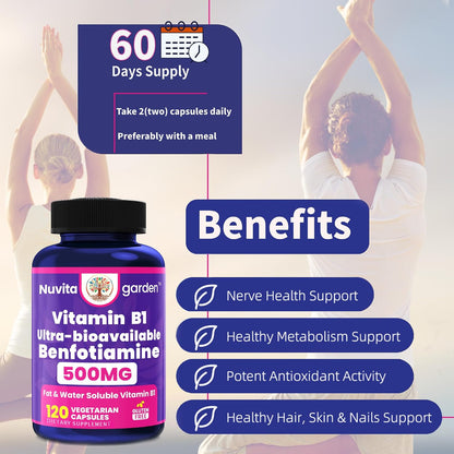 Vitamin B1 500mg - Ultra-Bioavailable Fat & Water Soluble Thiamine Supplement, 120 Vegetarian Capsules