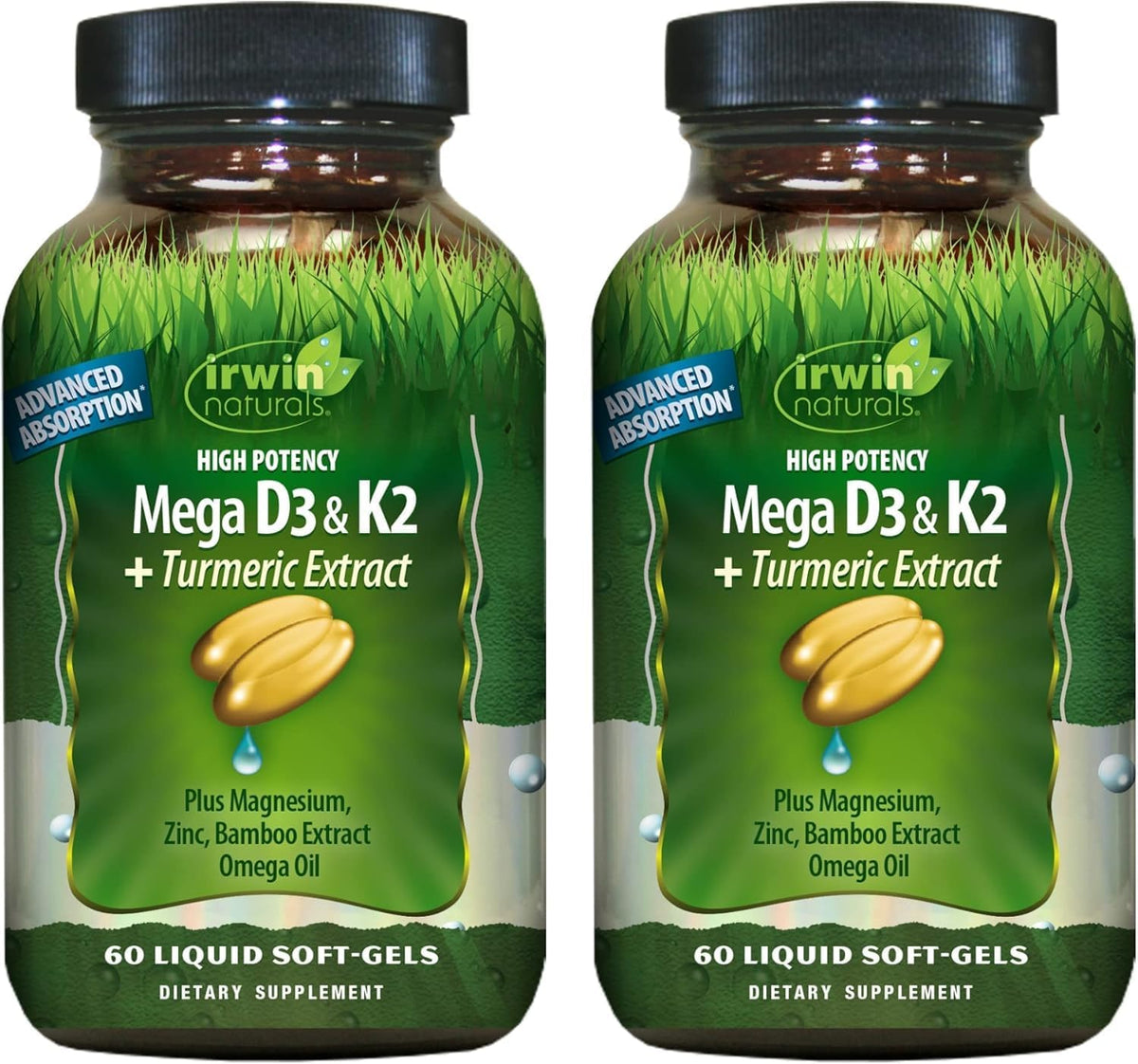 Irwin Naturals Mega D3 & K2 + Turmeric Extract - High Potency Complex with Vitamin D3, MK-7 K2, Magnesium and Zinc - 60 Liquid Soft-Gels (2 Pack) - görsel 1