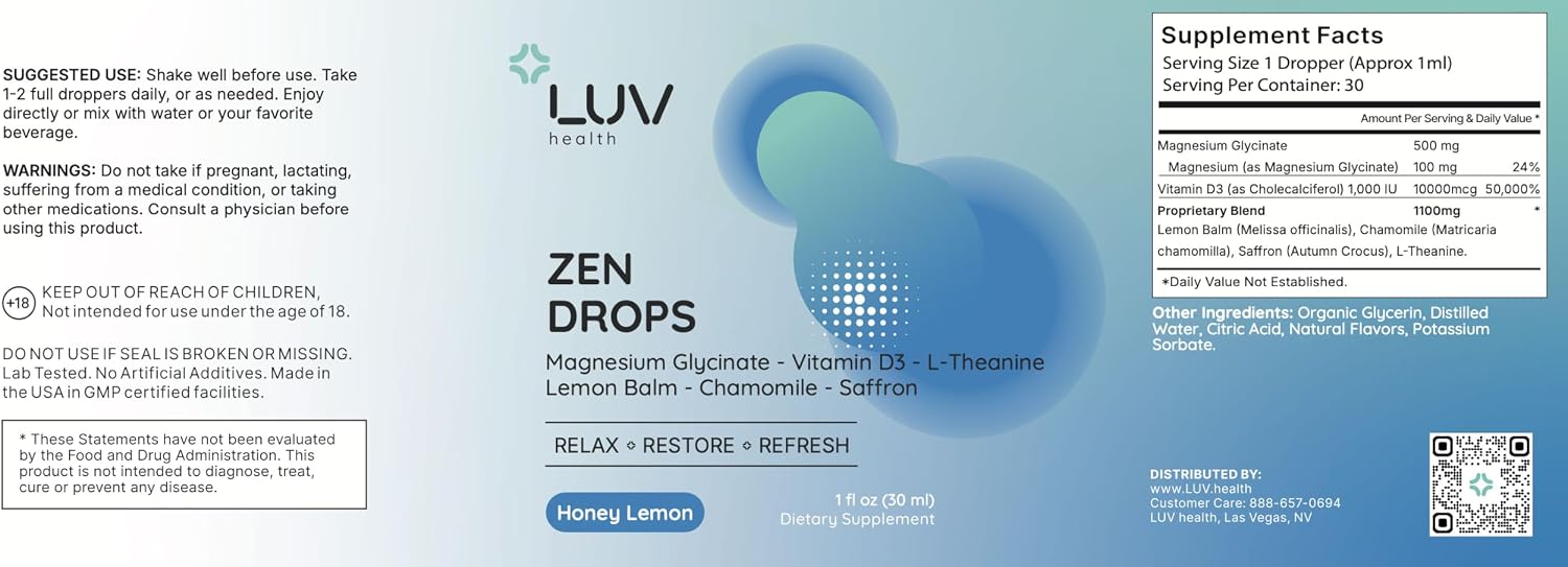 LUV Zen Drops: Food Supplement with Magnesium Glycinate, Vitamin D3, Lemon Balm, Chamomile, Saffron, L-Theanine – Vegan, Non-GMO, 30 Servings - görsel 7