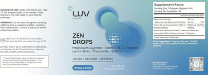 LUV Zen Drops: Food Supplement with Magnesium Glycinate, Vitamin D3, Lemon Balm, Chamomile, Saffron, L-Theanine – Vegan, Non-GMO, 30 Servings