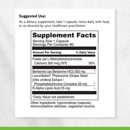 DAVinci Labs Berberine Force - Immune & Heart Support Supplement with Berberine, R-ALA, Folate & Grape Seed Extract - 60 Capsules